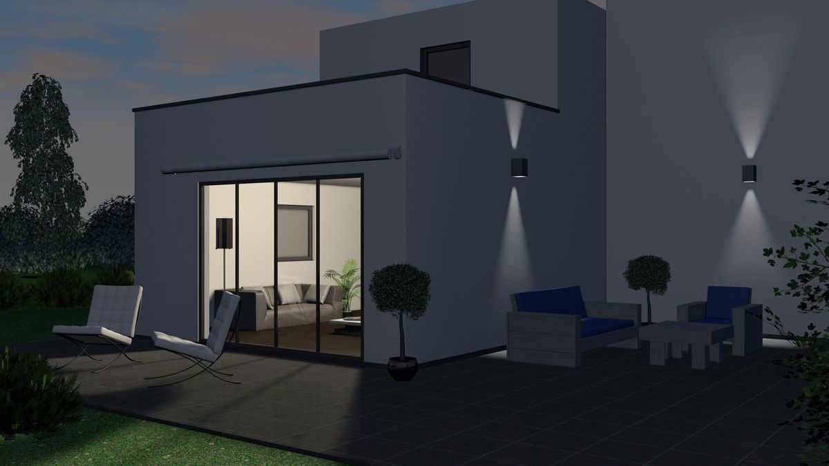 Smartphone zeigt eine Hausautomations-App mit Geräten: Deckenfluter, Gurtwickler, Stehlampe, jeweils mit Statusanzeigen.